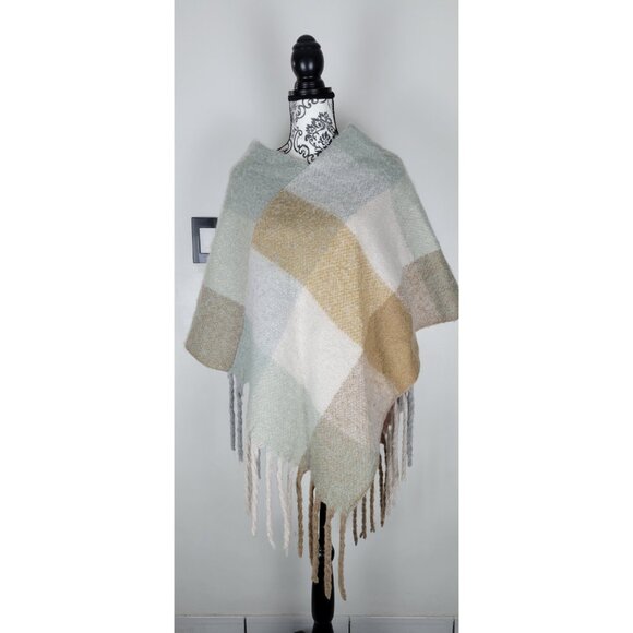 None Sweaters - Women’s Plaid Fringe Poncho Shawl One Size Soft Cozy Cape Beige Mint Polyester